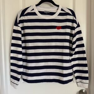 Navy and White Striped Long Sleeve Top with Red Lip Accent, S